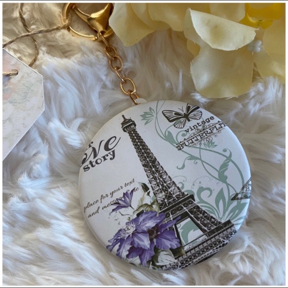 🦋 Vintage Paris Butterfly Postcard Pocket Mirror Keychain - Picture 2 of 6